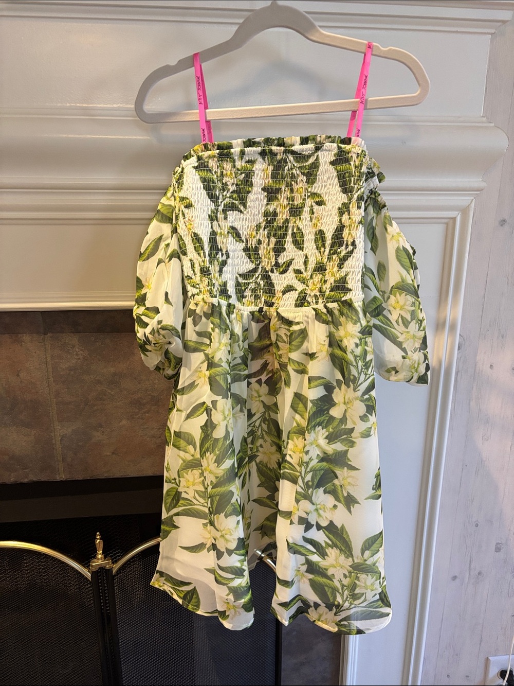 Betsey Johnson White Floral Smocked Mini Dress with Pink Straps